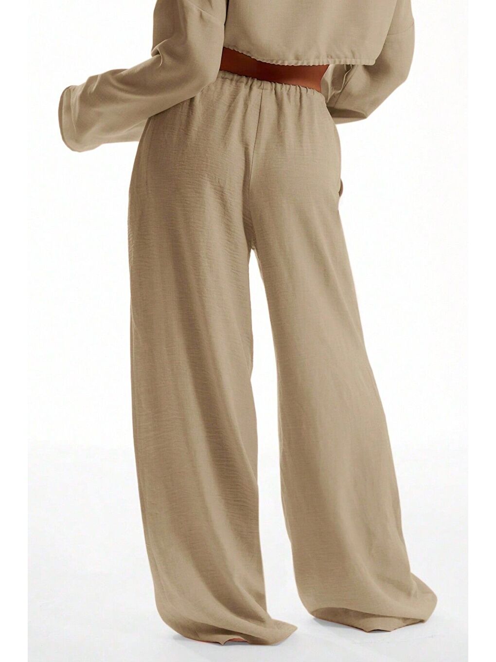 Bej Keten Aerobin Kumaş Bel Bağlamalı Geniş Paça Pantolon-1