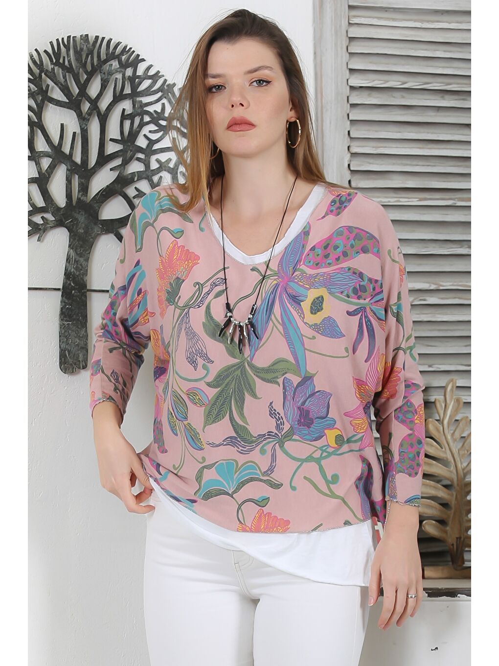 İtalyan Mürdüm Rengi V Yaka Uzun Kol Çiçekli İkili Set Kolyeli Casual Triko Bluz-2