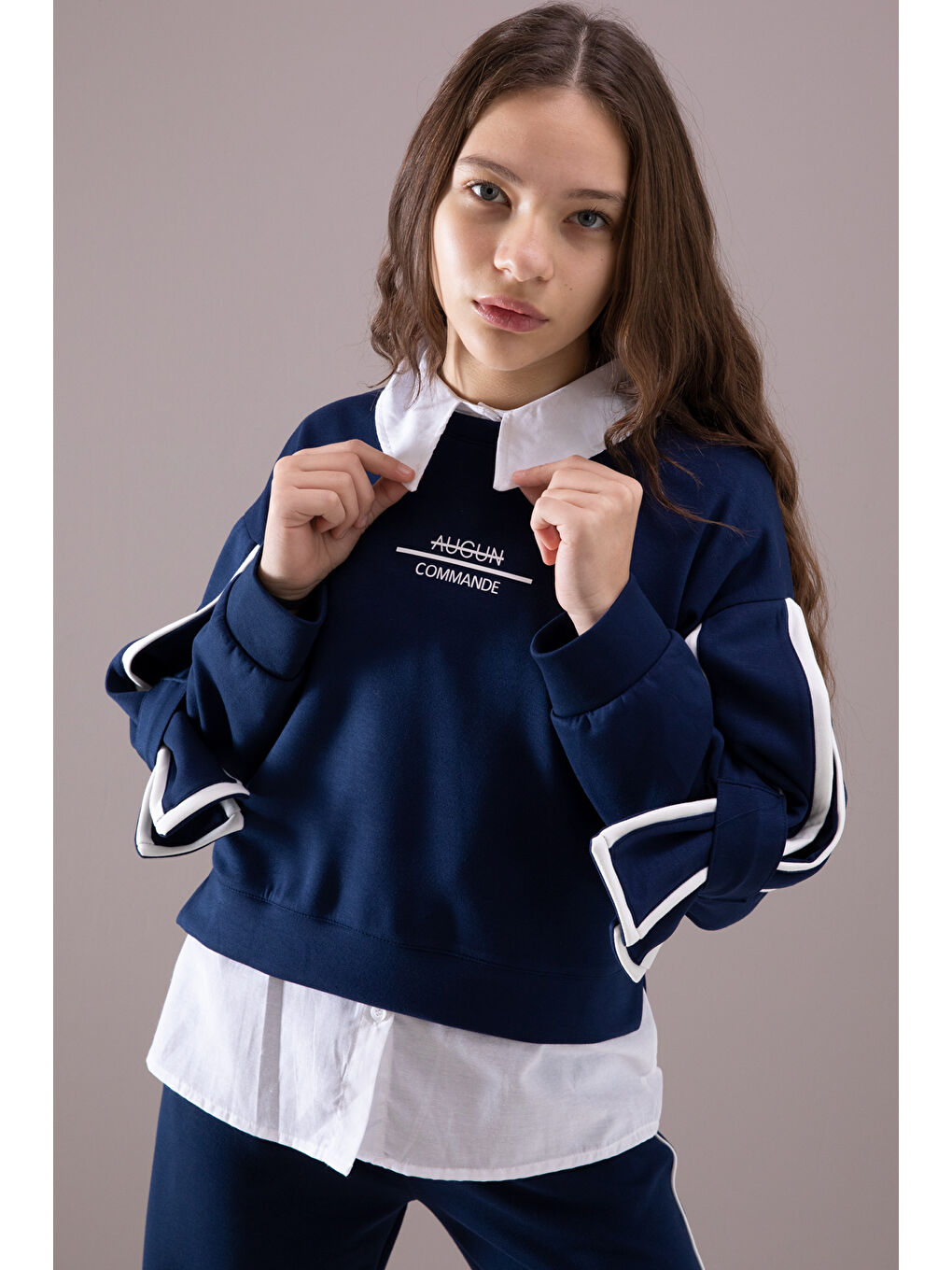 Lacivert Kol Detaylı Badili Gömlekli Kız Çocuk Pantolonlu 3'lü Takım 19878-2