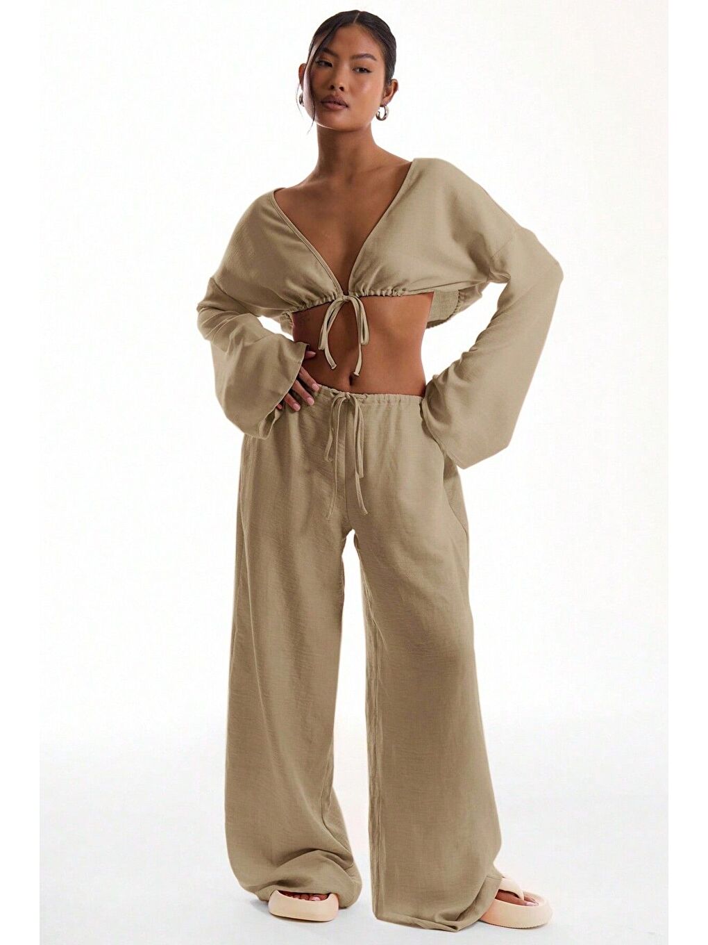 Bej Keten Aerobin Kumaş Bel Bağlamalı Geniş Paça Pantolon-2