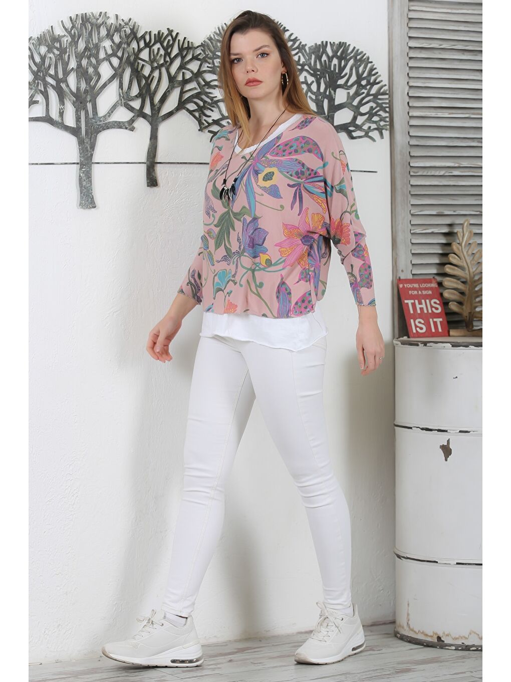 İtalyan Mürdüm Rengi V Yaka Uzun Kol Çiçekli İkili Set Kolyeli Casual Triko Bluz-4