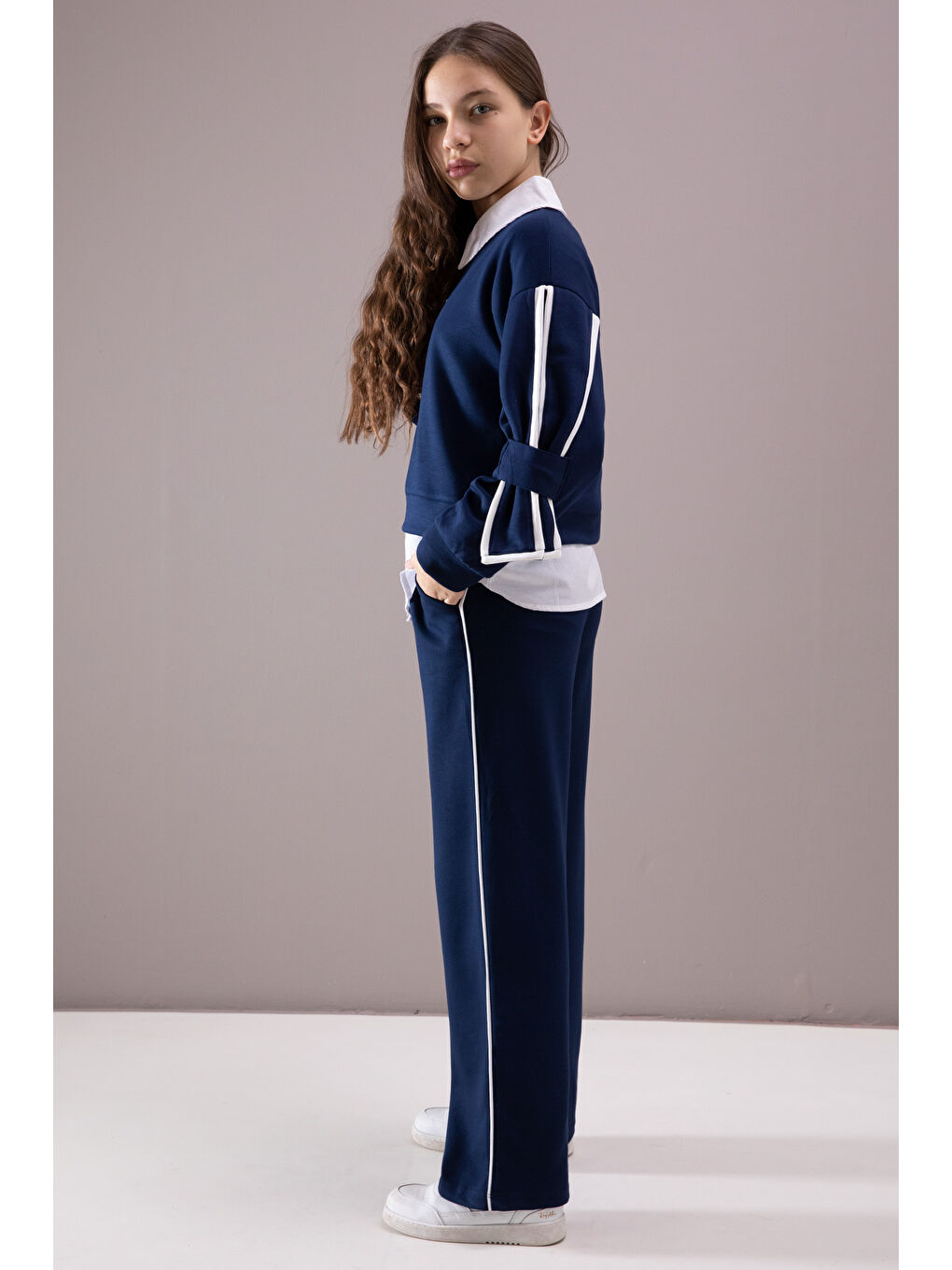 Lacivert Kol Detaylı Badili Gömlekli Kız Çocuk Pantolonlu 3'lü Takım 19878-3