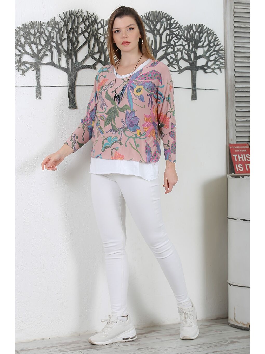 İtalyan Mürdüm Rengi V Yaka Uzun Kol Çiçekli İkili Set Kolyeli Casual Triko Bluz-5