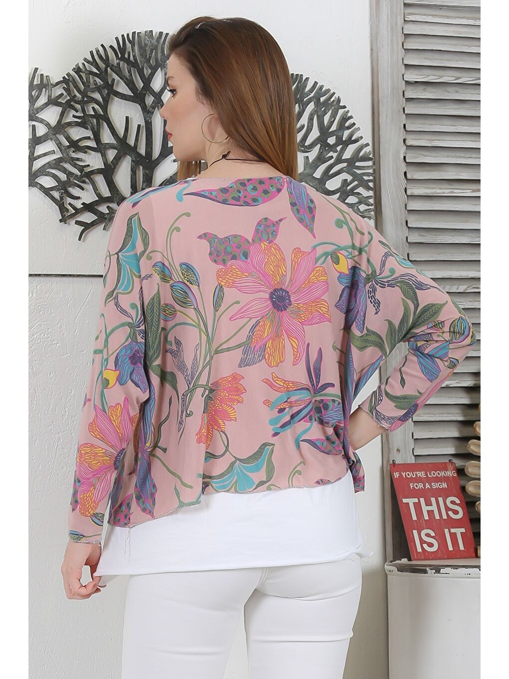 İtalyan Mürdüm Rengi V Yaka Uzun Kol Çiçekli İkili Set Kolyeli Casual Triko Bluz-6