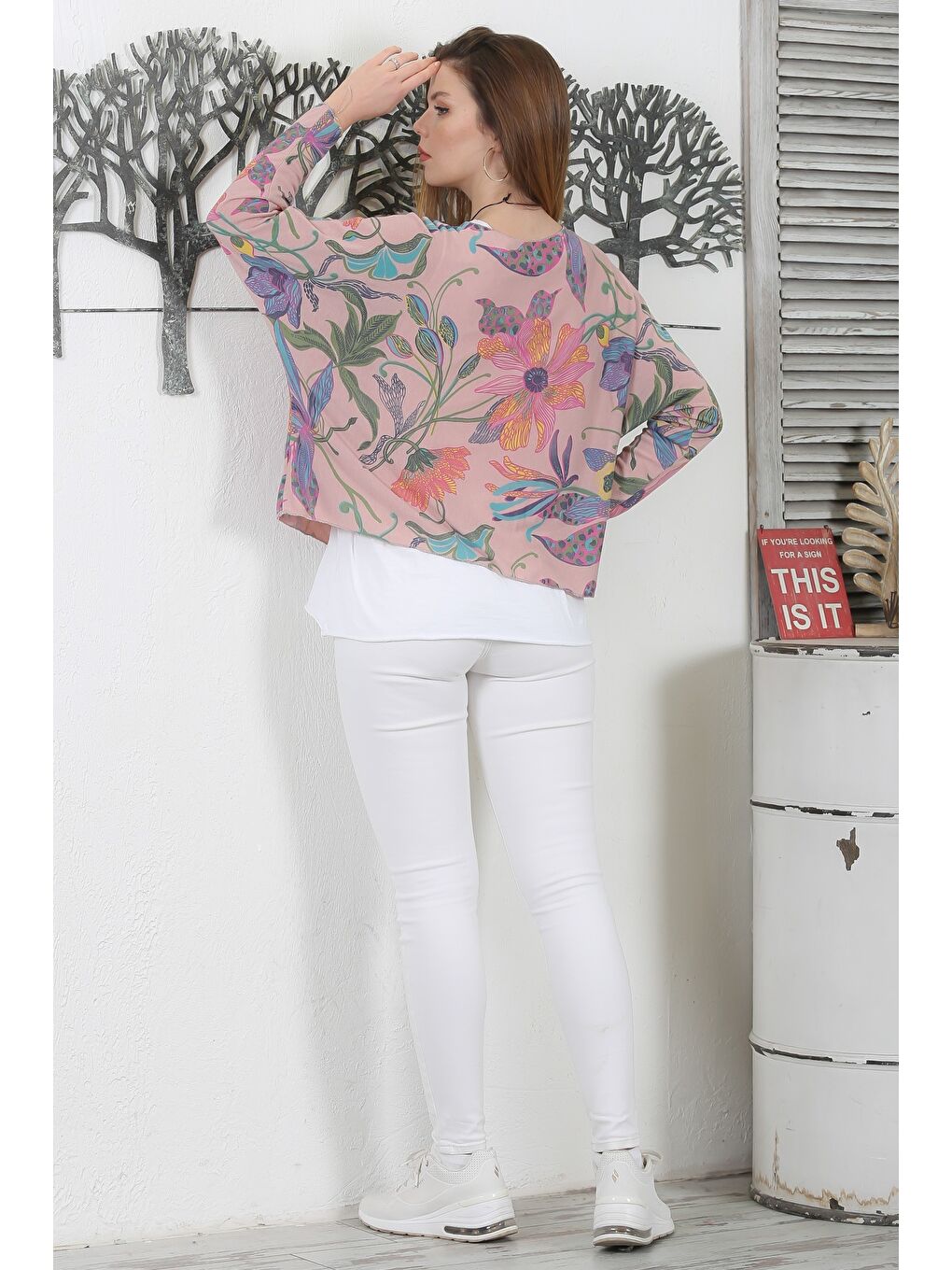 İtalyan Mürdüm Rengi V Yaka Uzun Kol Çiçekli İkili Set Kolyeli Casual Triko Bluz-7