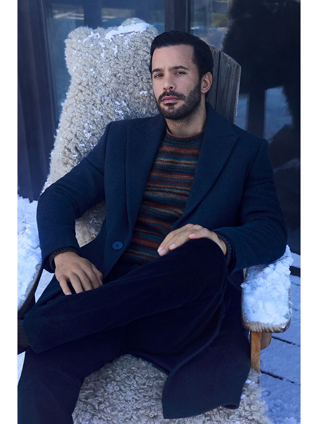 Lacivert Yünlü Oversize Desenli Klasik Palto-1