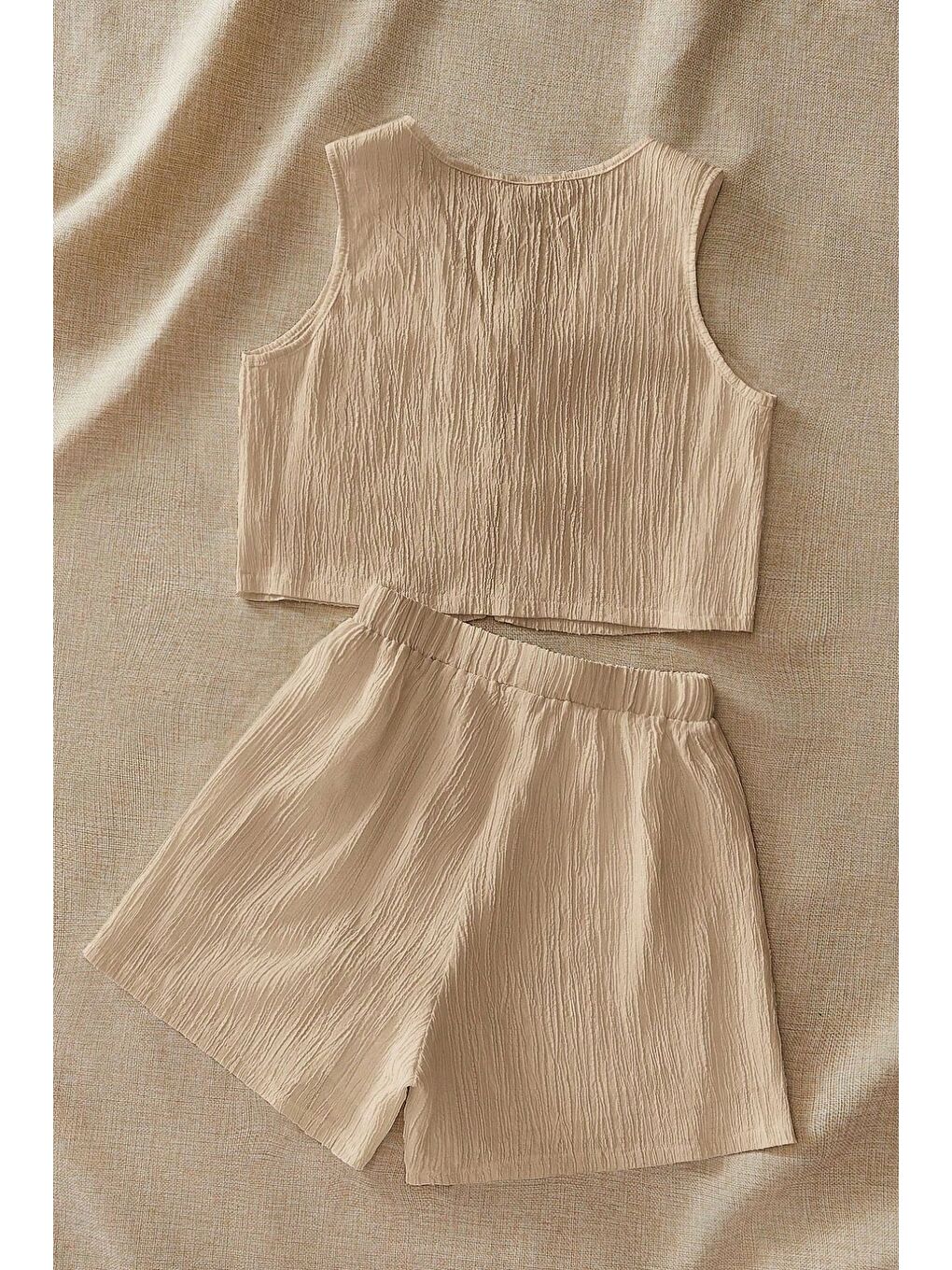 Kadın Bej Fitilli Şortlu Bağlamalı Takım-1