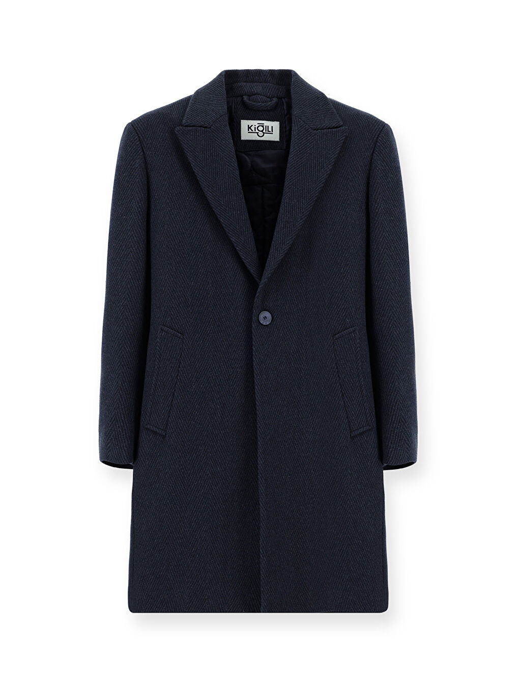 Lacivert Yünlü Oversize Desenli Klasik Palto-2