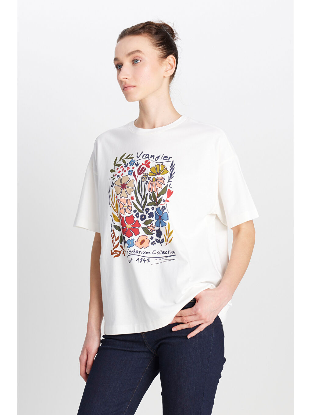 Loose Fit Rahat Kesim Bisiklet Yaka %100 Pamuk Kırık Beyaz Tişört-1