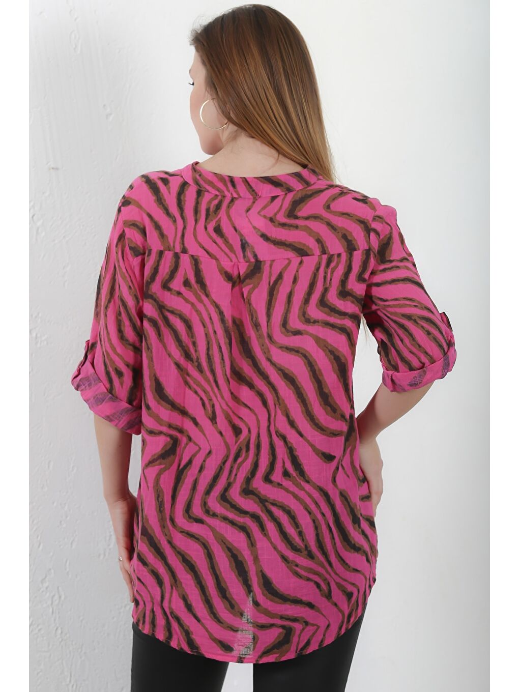 İtalyan Fuşya Hakim Yaka Düğmeli 3/4 Kol Cepli Casual Keten Karışımlı Dokuma Bluz-5