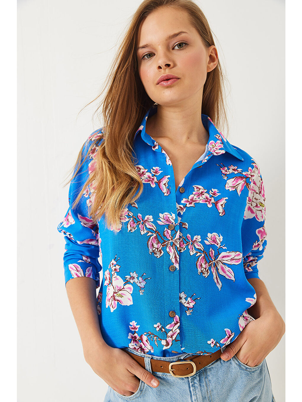 Mavi Kadın Çiçek Desenli Oversize Viskon Keten Gömlek-1