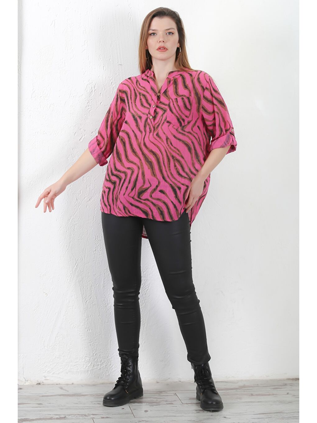 İtalyan Fuşya Hakim Yaka Düğmeli 3/4 Kol Cepli Casual Keten Karışımlı Dokuma Bluz-6