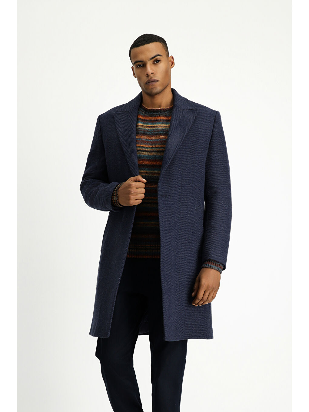 Lacivert Yünlü Oversize Desenli Klasik Palto-3