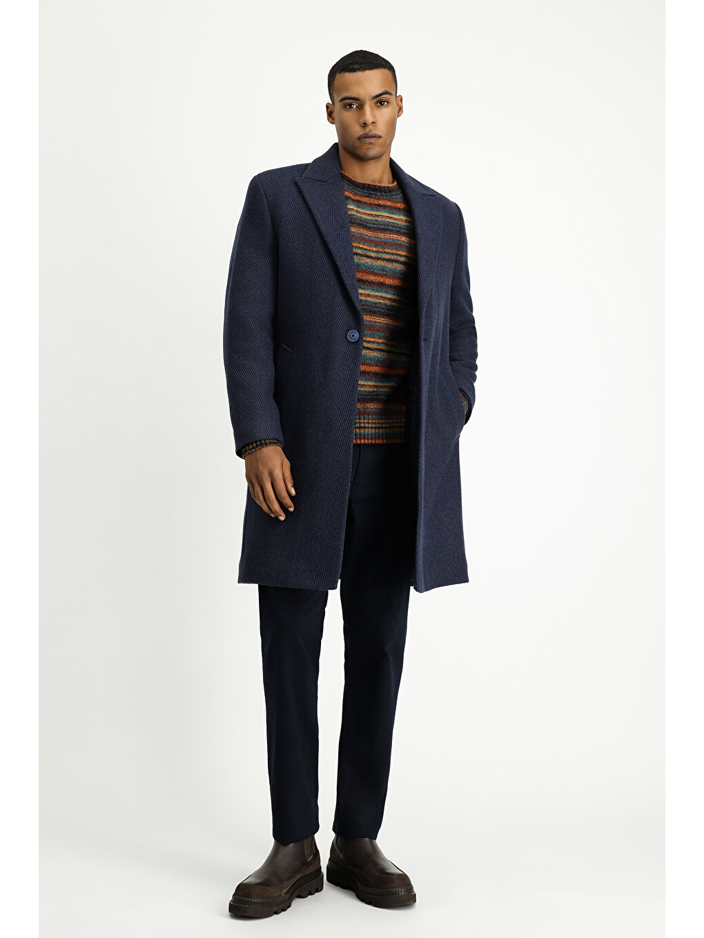 Lacivert Yünlü Oversize Desenli Klasik Palto-4