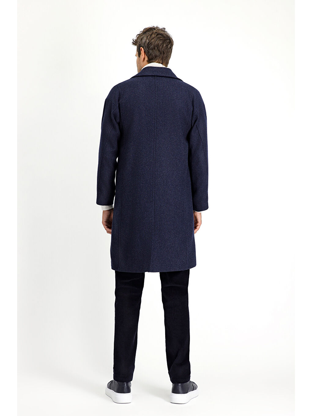 Lacivert Yünlü Oversize Desenli Klasik Palto-5