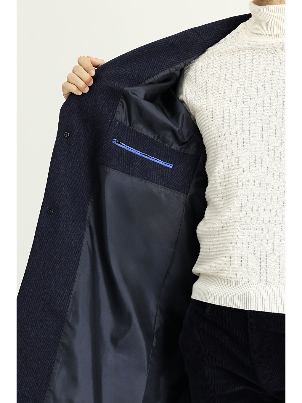 Lacivert Yünlü Oversize Desenli Klasik Palto-6