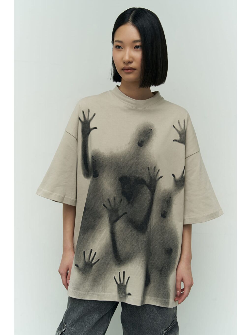 Mai Collection Ghost Bej Oversize T-Shirt