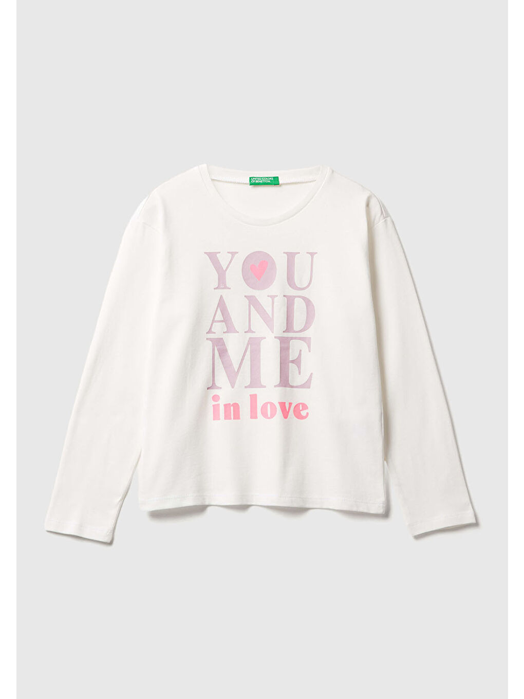 Kız Çocuk Ekru Önü Baskılı Ribana Yakalı Relaxed Fit Uzun Kollu T-shirt