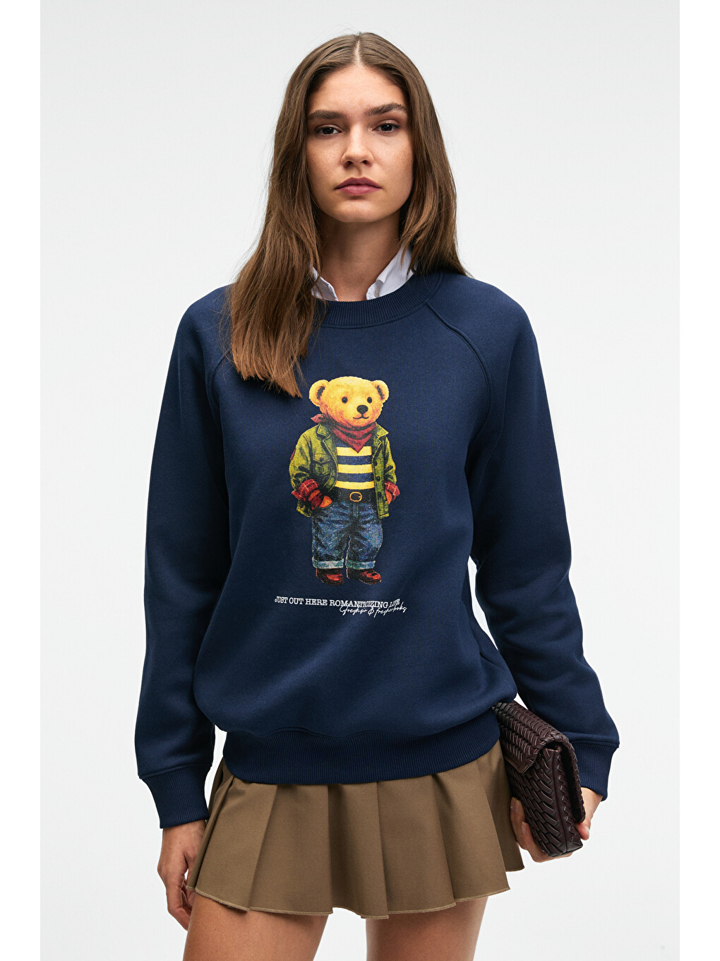 Aelorıa Kadın Önü Baskılı Reglan Kol Oversize Lacivert Sweatshirt