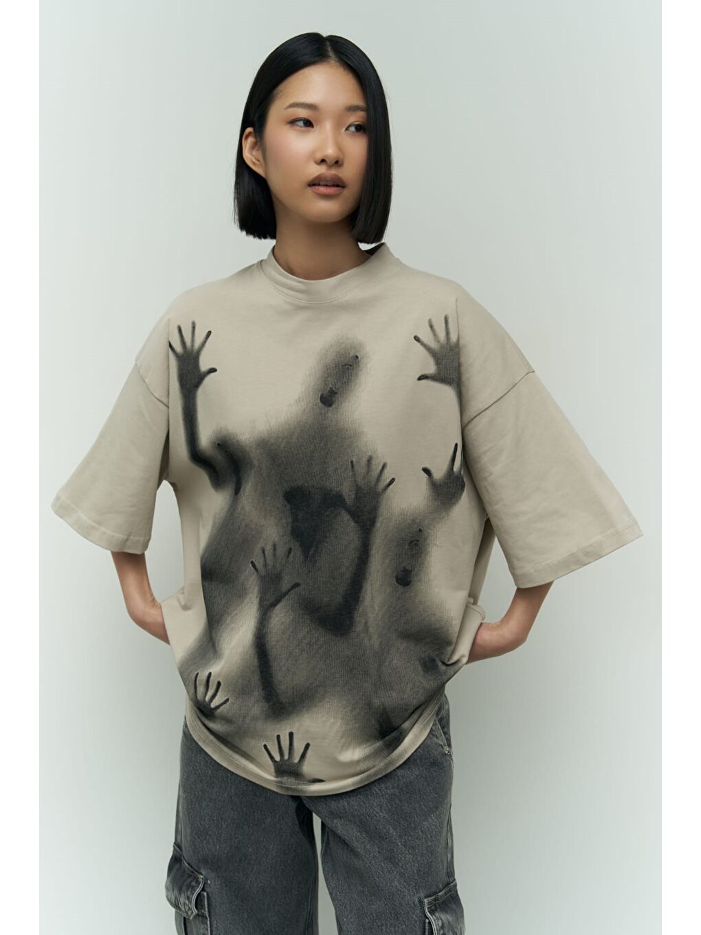 Mai Collection Ghost Bej Oversize T-Shirt - 5