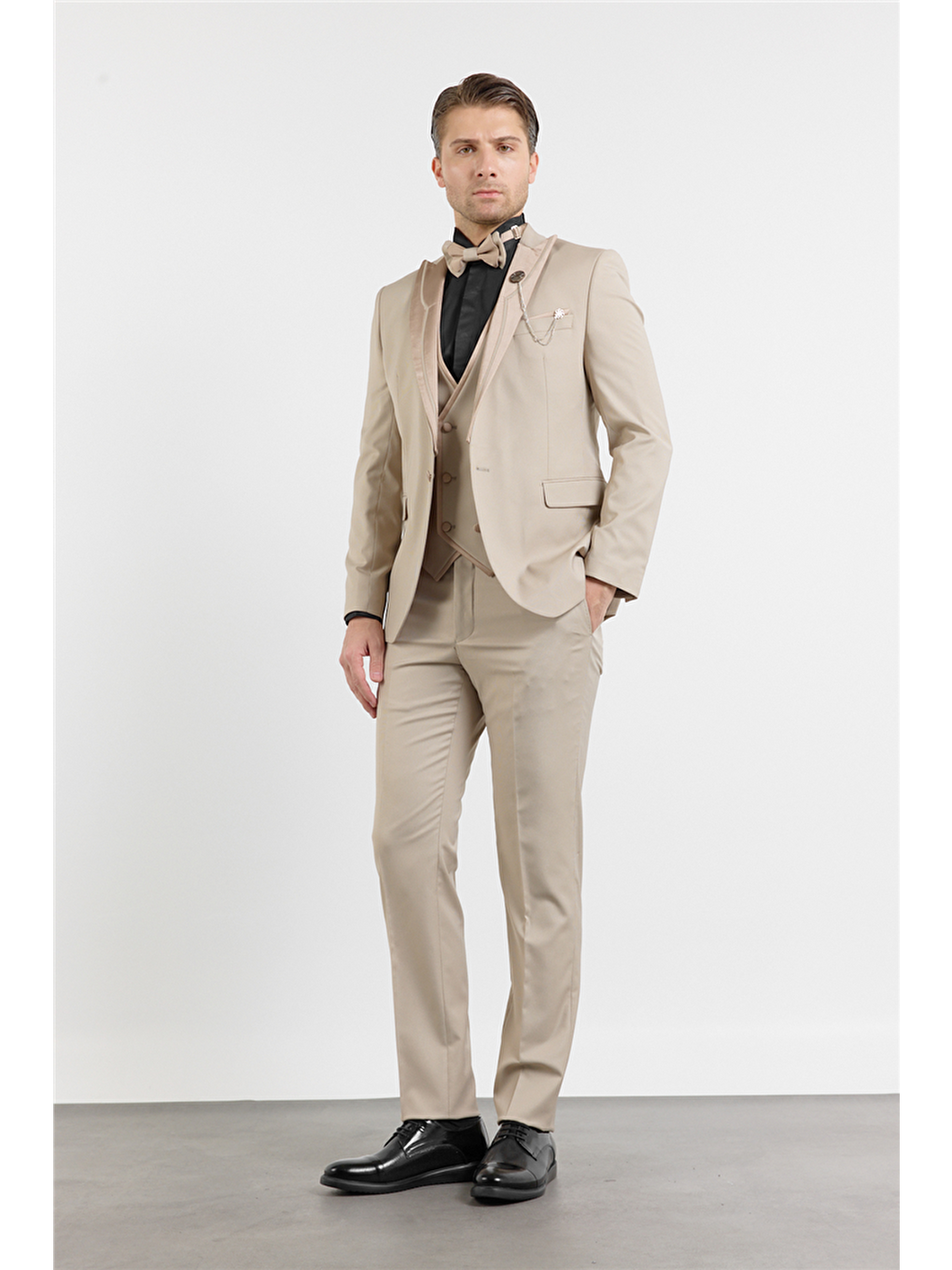 Bej Kılıç Yaka Çift Yırtmaç Esnek 6 Drop Slim Fit Damatlık Takım Elbise 1001250207-1