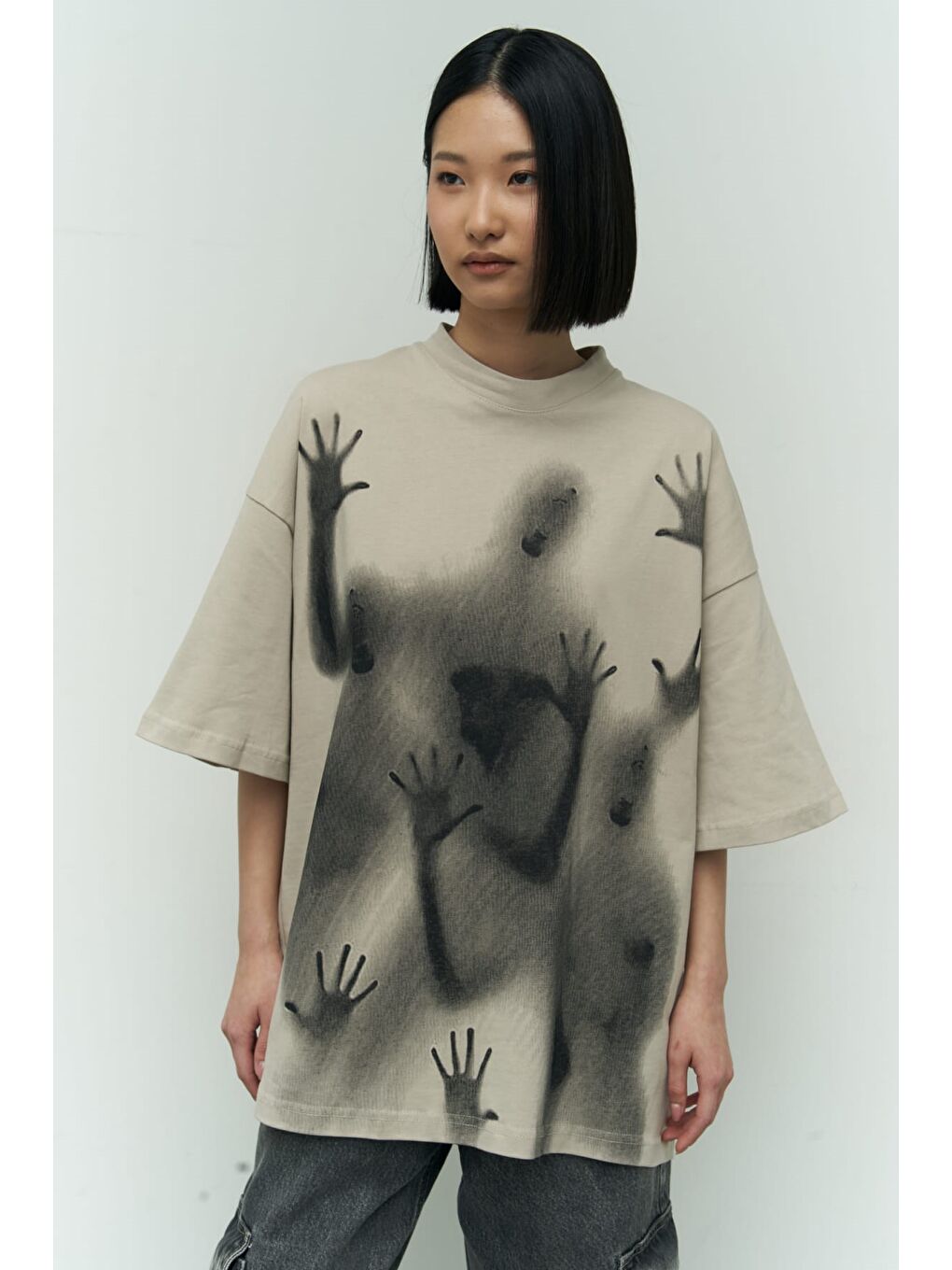 Mai Collection Ghost Bej Oversize T-Shirt - 6