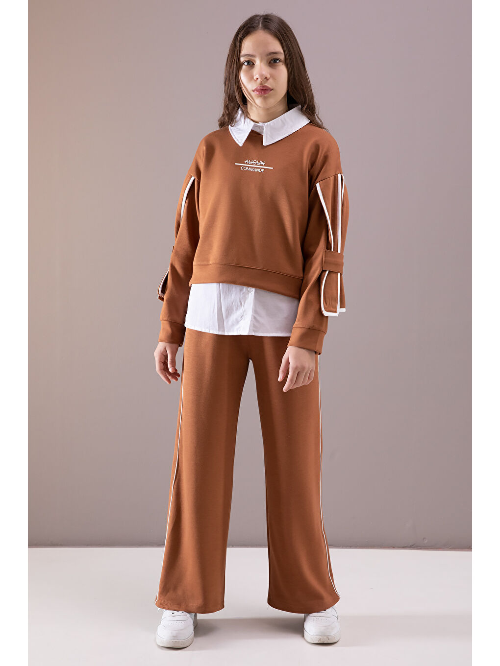 Kahverengi Taba Kol Detaylı Badili Gömlekli Kız Çocuk Pantolonlu 3lü Takım 19879