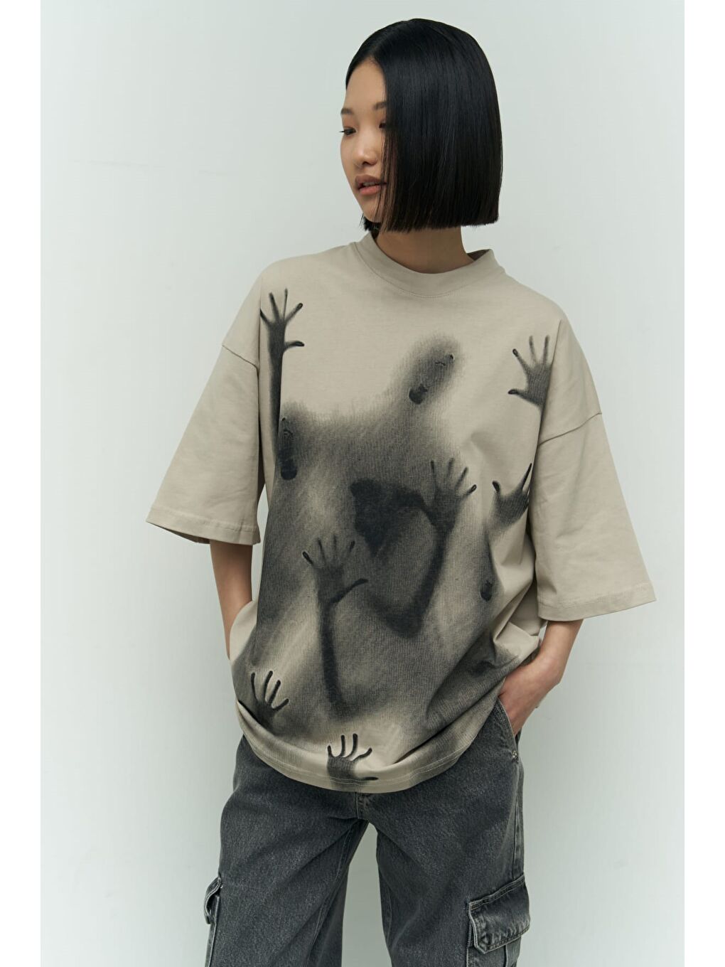 Mai Collection Ghost Bej Oversize T-Shirt - 7