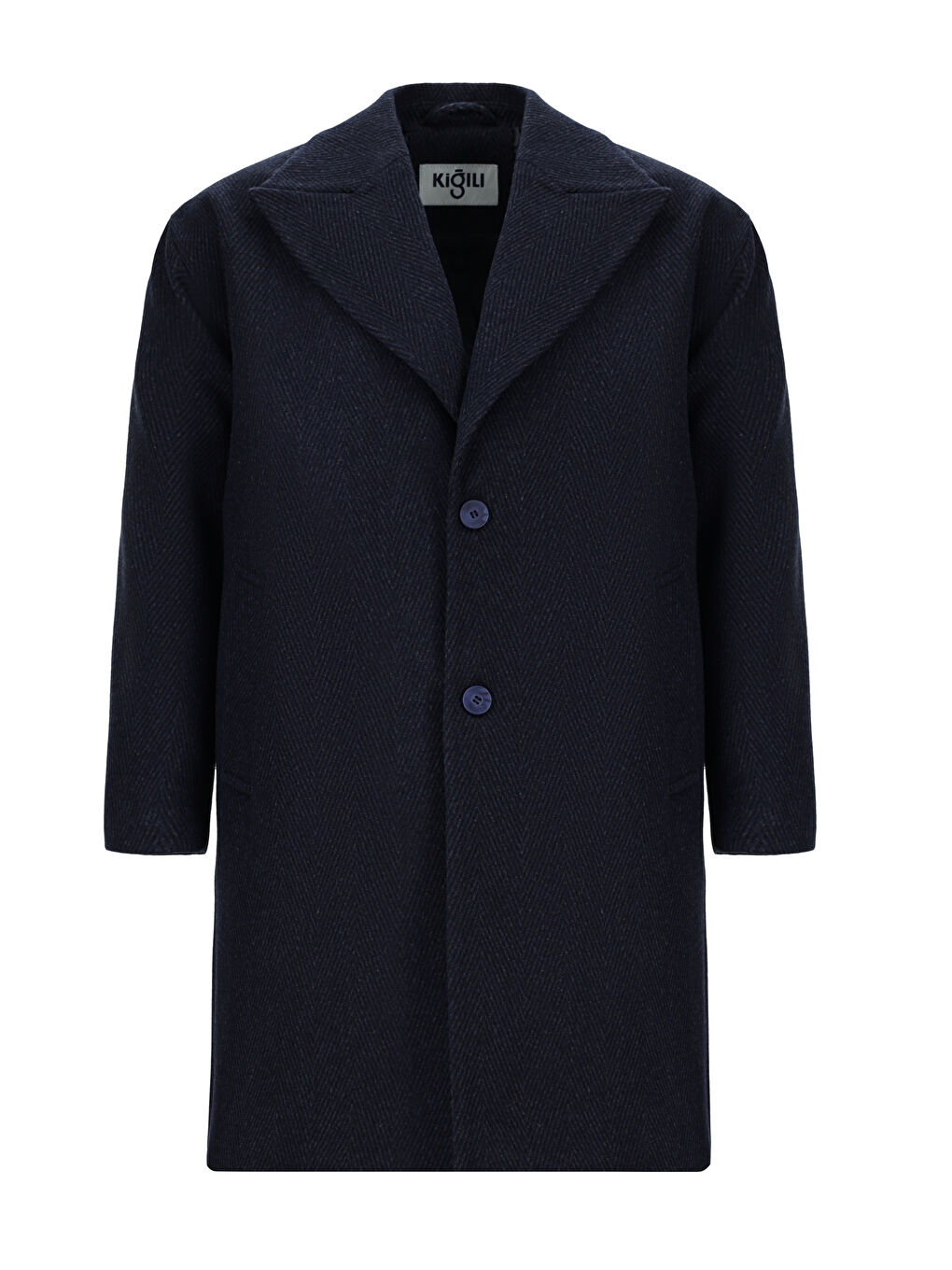 Lacivert Yünlü Oversize Desenli Klasik Palto-7