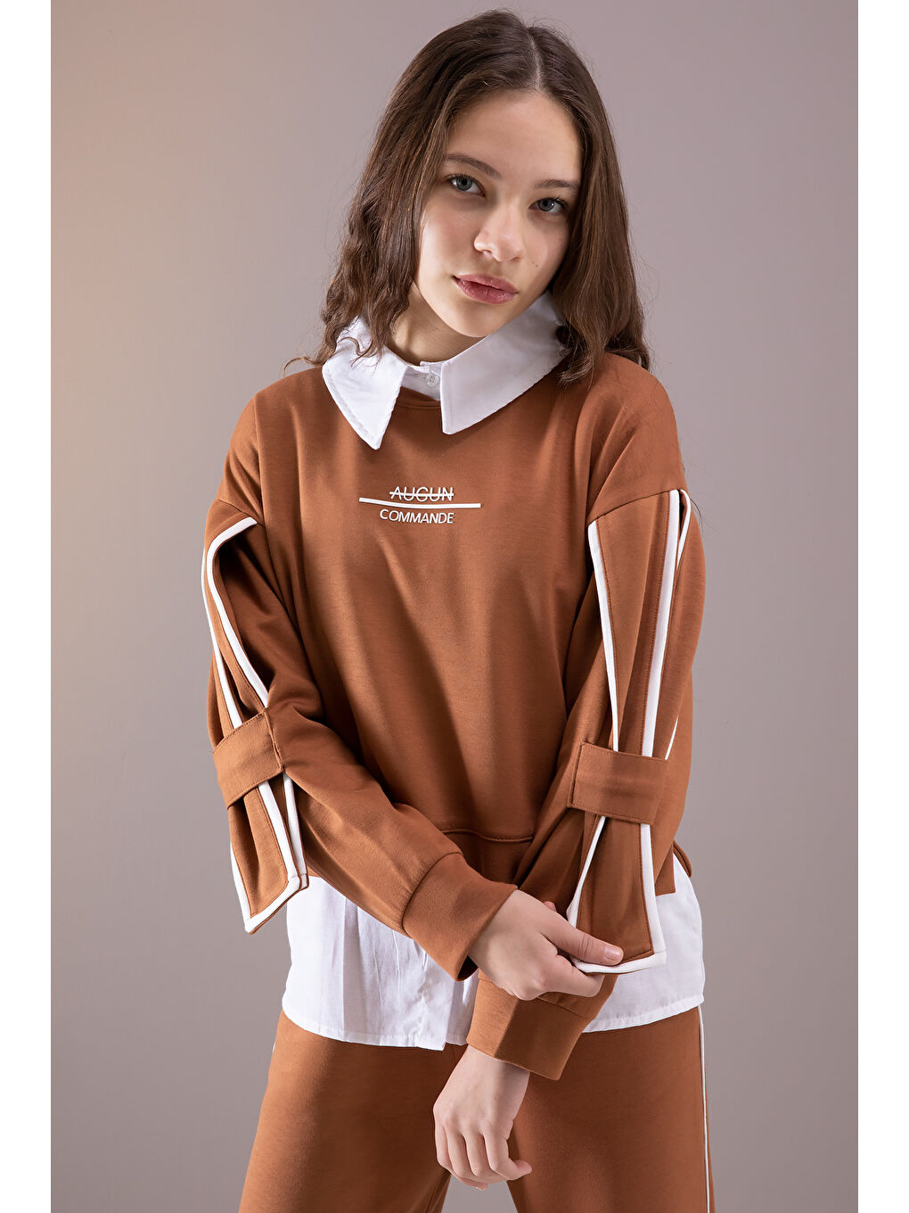 Kahverengi Taba Kol Detaylı Badili Gömlekli Kız Çocuk Pantolonlu 3lü Takım 19879-1