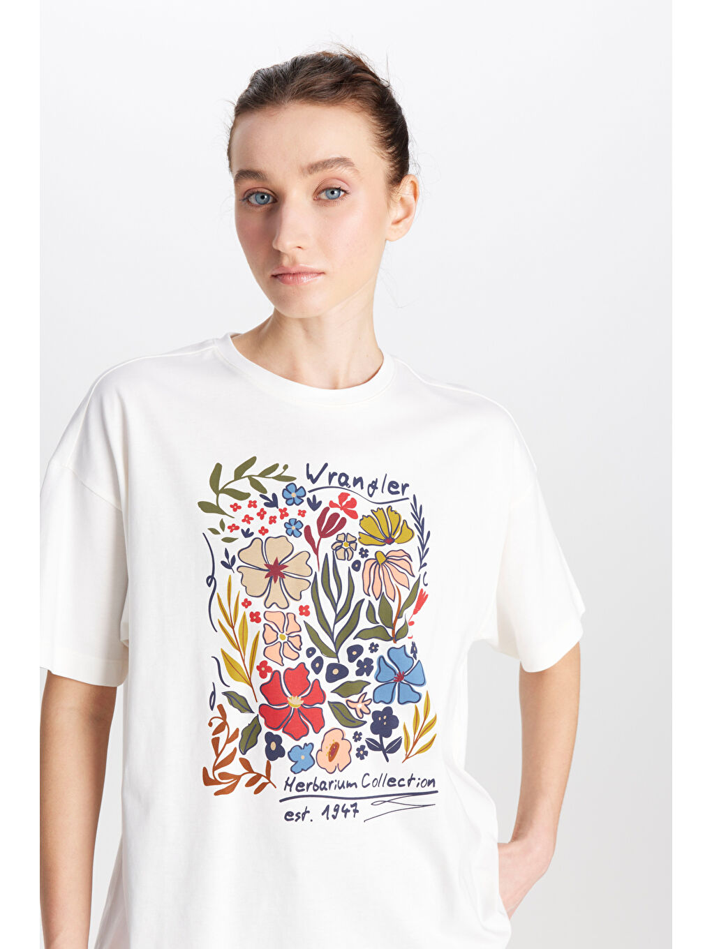 Loose Fit Rahat Kesim Bisiklet Yaka %100 Pamuk Kırık Beyaz Tişört-3