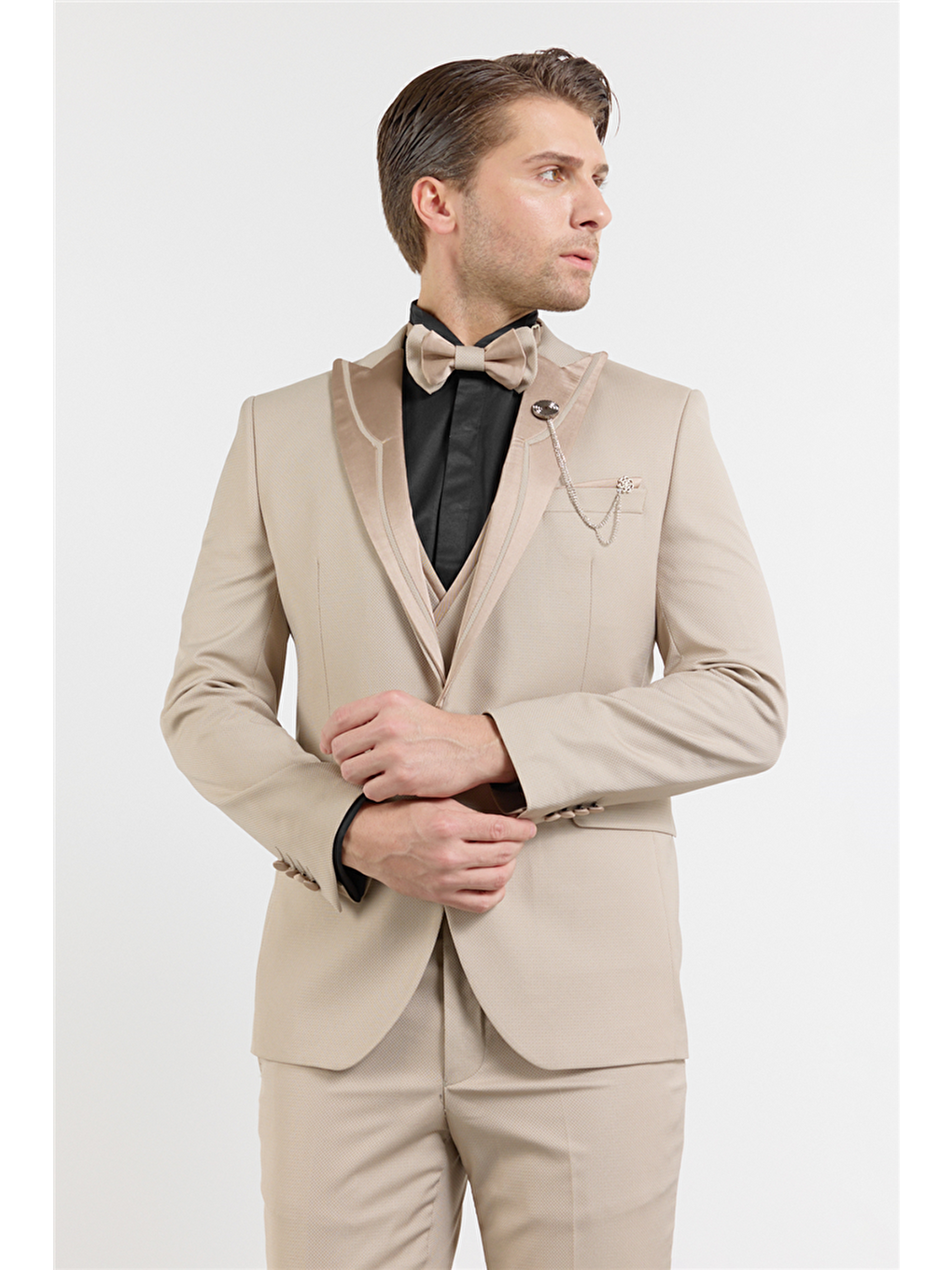 Bej Kılıç Yaka Çift Yırtmaç Esnek 6 Drop Slim Fit Damatlık Takım Elbise 1001250207-2