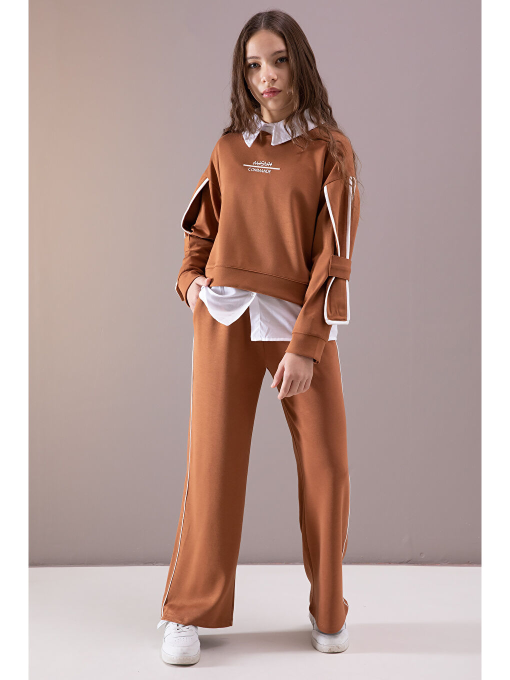 Kahverengi Taba Kol Detaylı Badili Gömlekli Kız Çocuk Pantolonlu 3lü Takım 19879-2