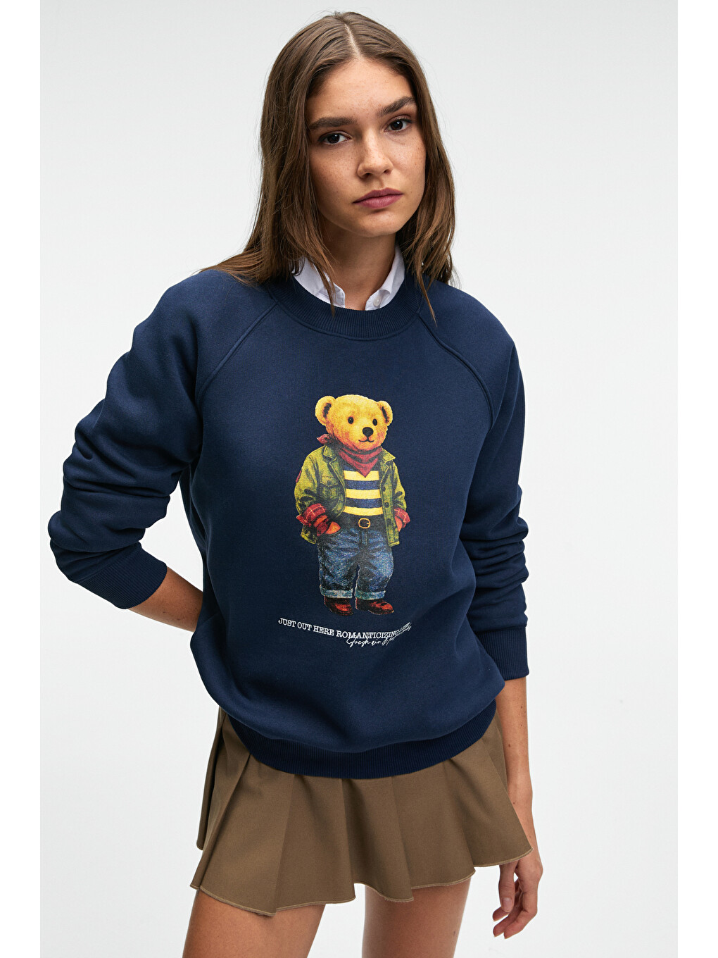Aelorıa Kadın Önü Baskılı Reglan Kol Oversize Lacivert Sweatshirt-1
