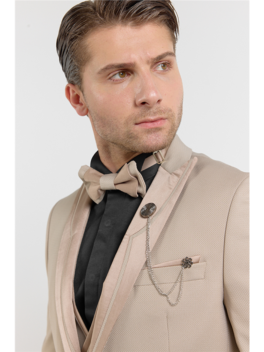 Bej Kılıç Yaka Çift Yırtmaç Esnek 6 Drop Slim Fit Damatlık Takım Elbise 1001250207-3