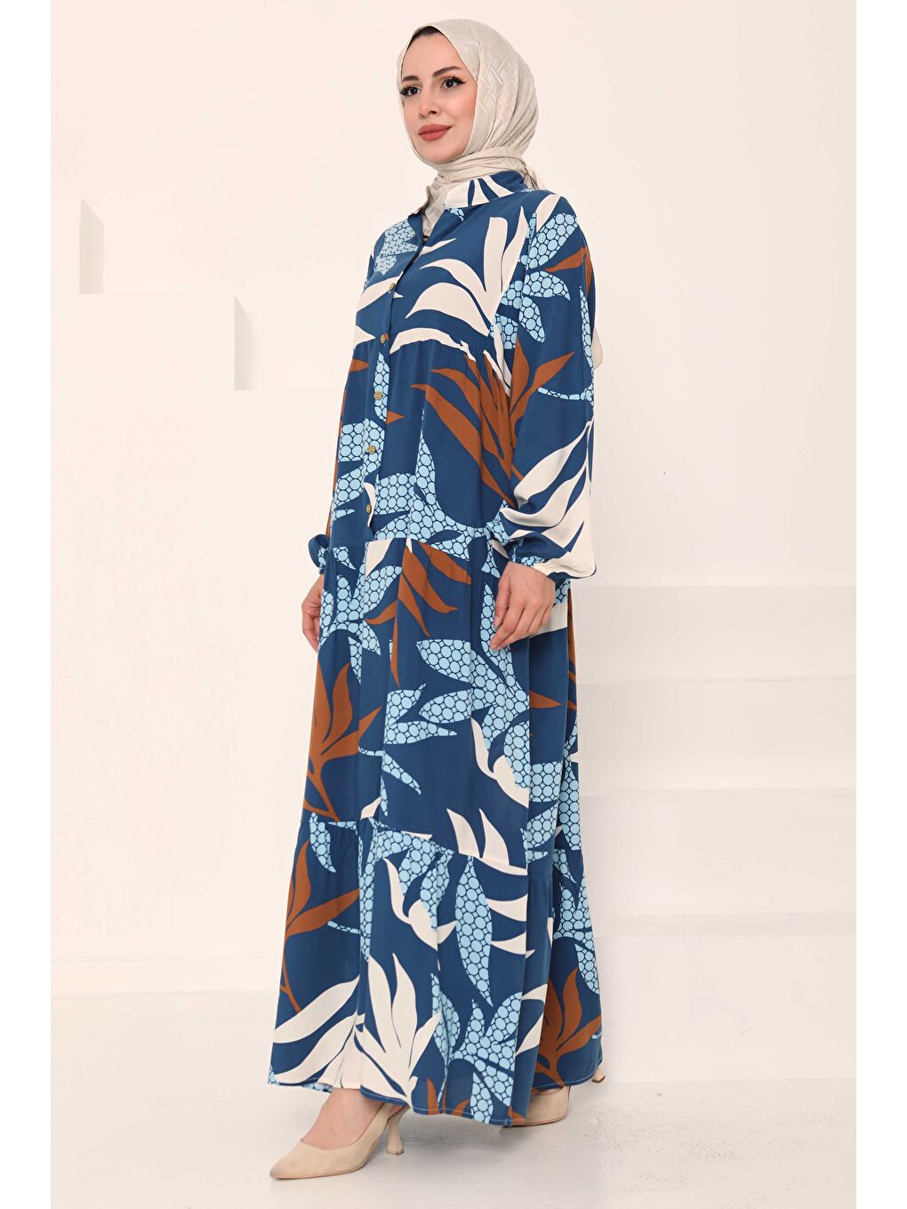 İndigo Desenli Düğmeli Elbise Indigo - 27041-1