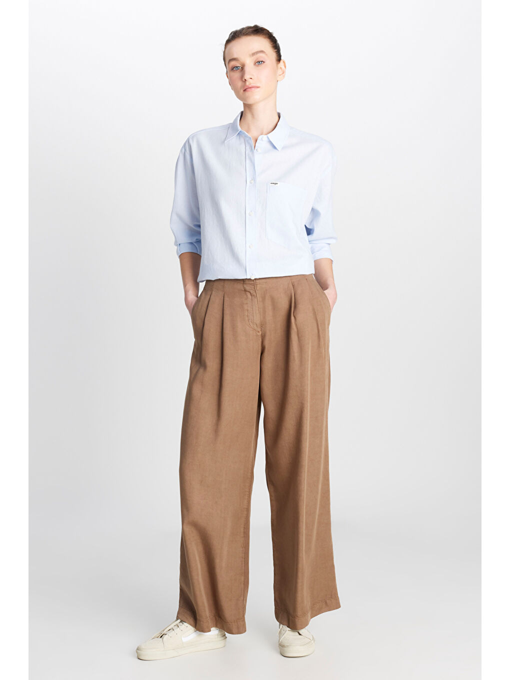 Kahverengi Geniş Kesim Yüksek Bel Geniş Paça Yumuşak Dokulu Pantolon-1