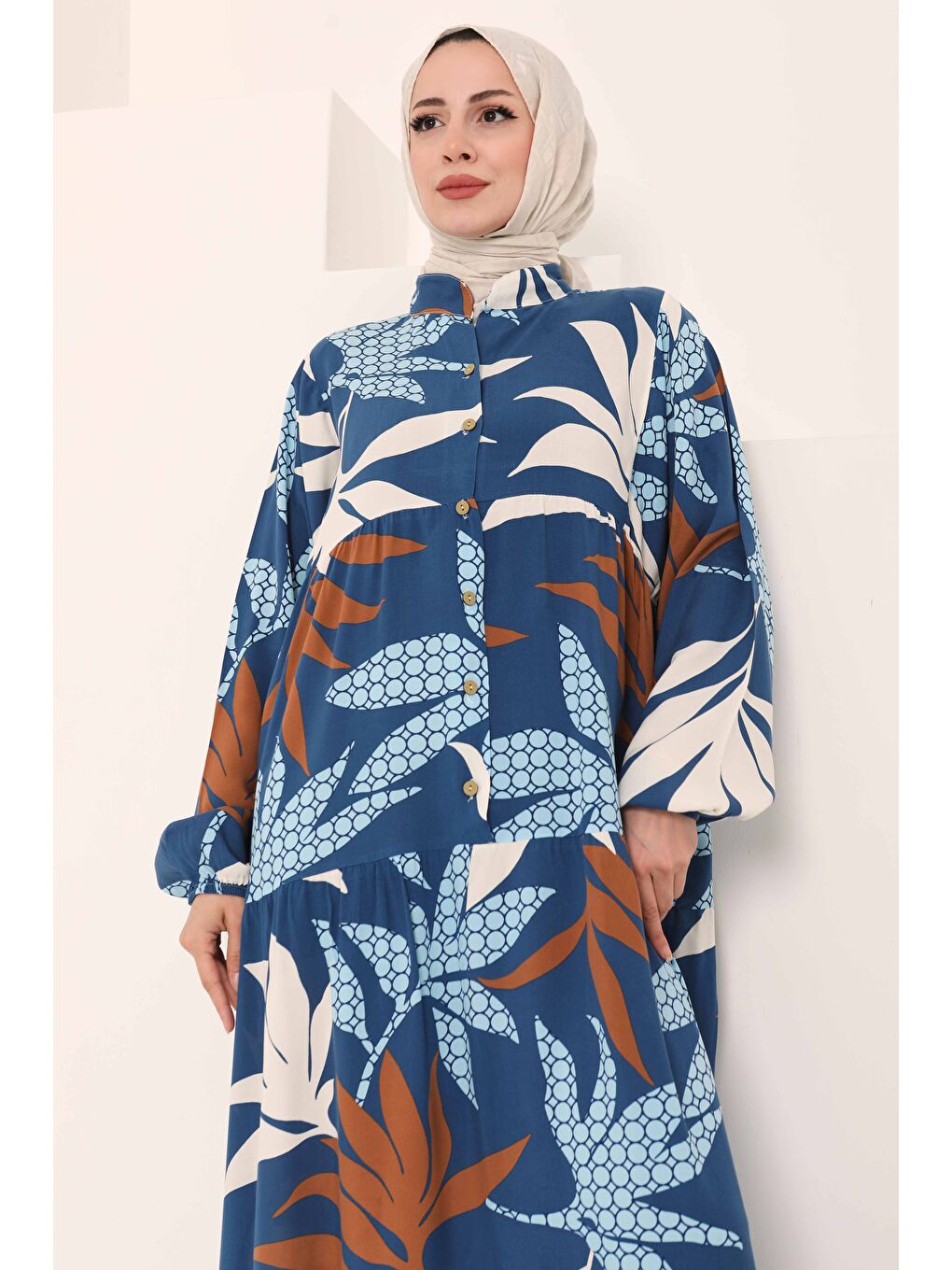 İndigo Desenli Düğmeli Elbise Indigo - 27041-2