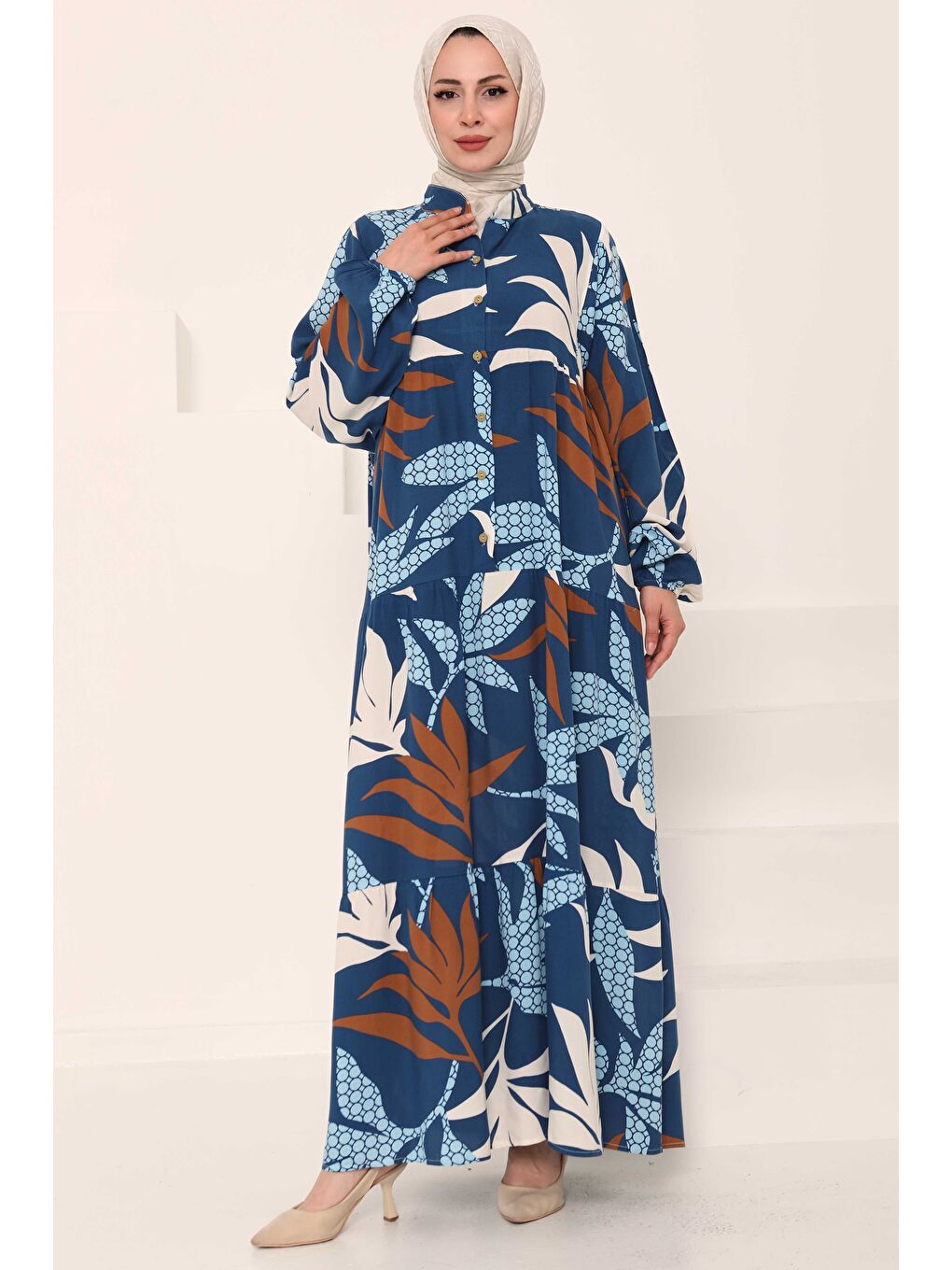 İndigo Desenli Düğmeli Elbise Indigo - 27041-3