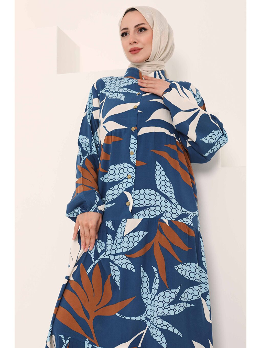 İndigo Desenli Düğmeli Elbise Indigo - 27041-4