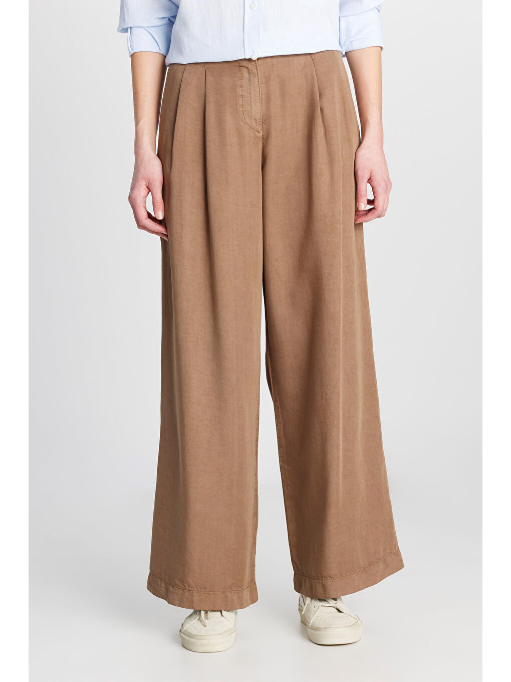 Kahverengi Geniş Kesim Yüksek Bel Geniş Paça Yumuşak Dokulu Pantolon-2