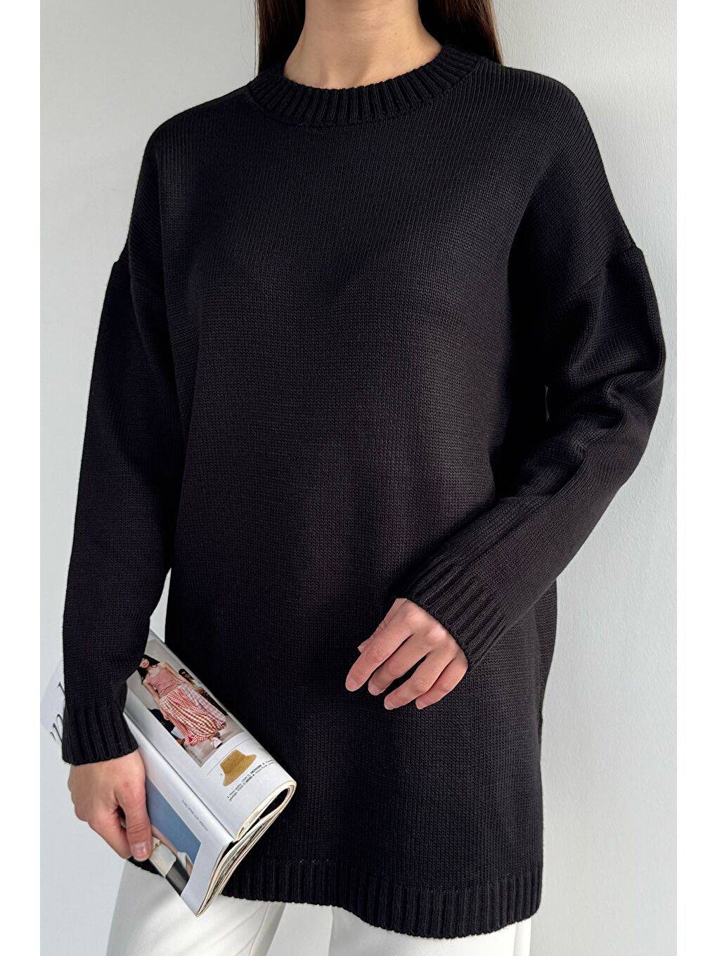 Siyah Kadın Bisiklet Yaka Yırtmaçlı Triko Tunik