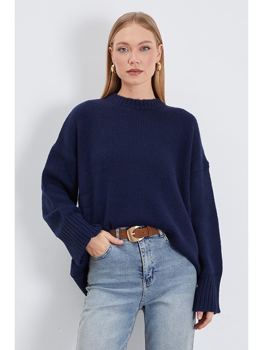 Lacivert Basic Bisiklet Yaka Oversize Triko Kazak