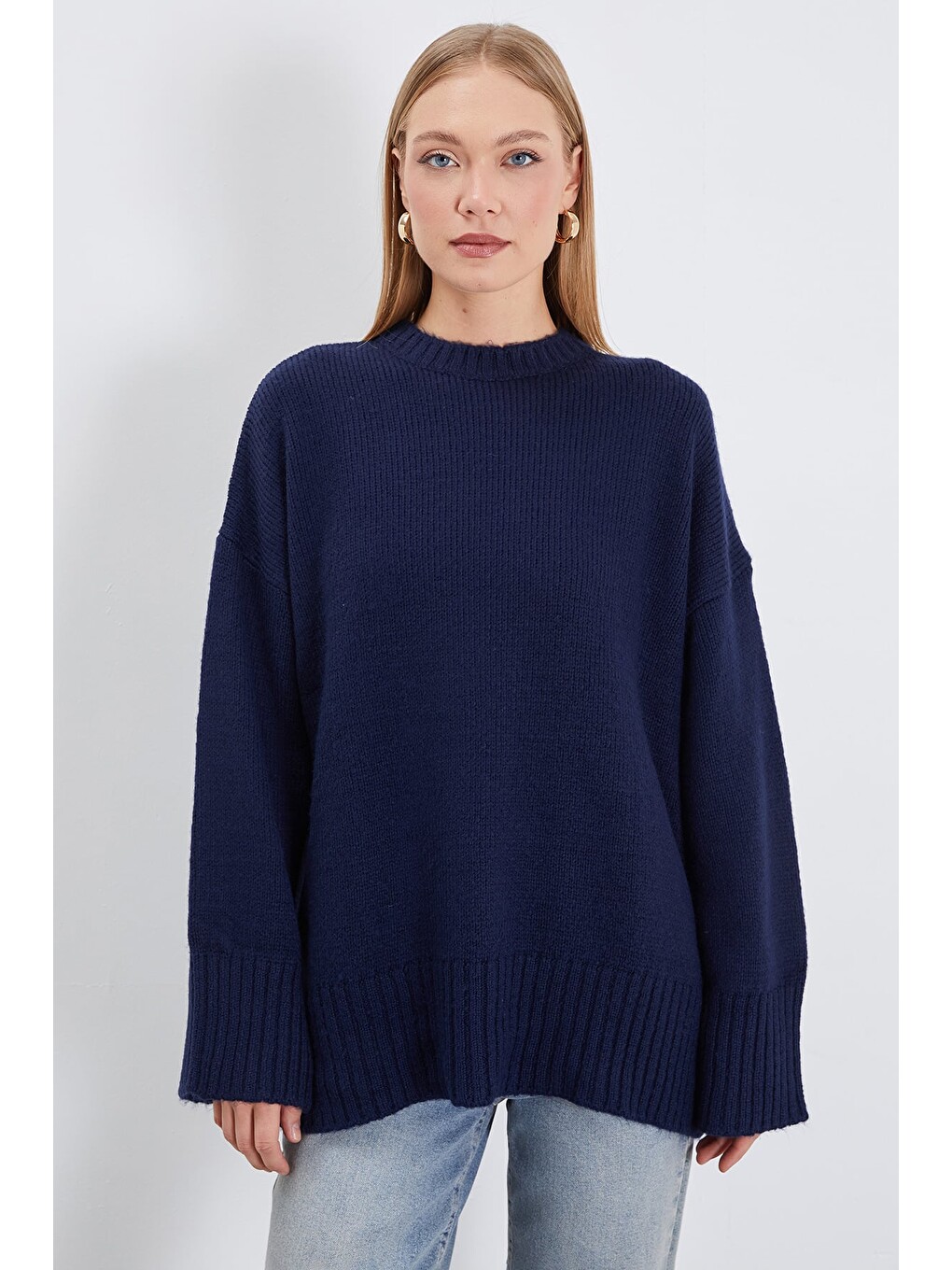 Lacivert Basic Bisiklet Yaka Oversize Triko Kazak-1