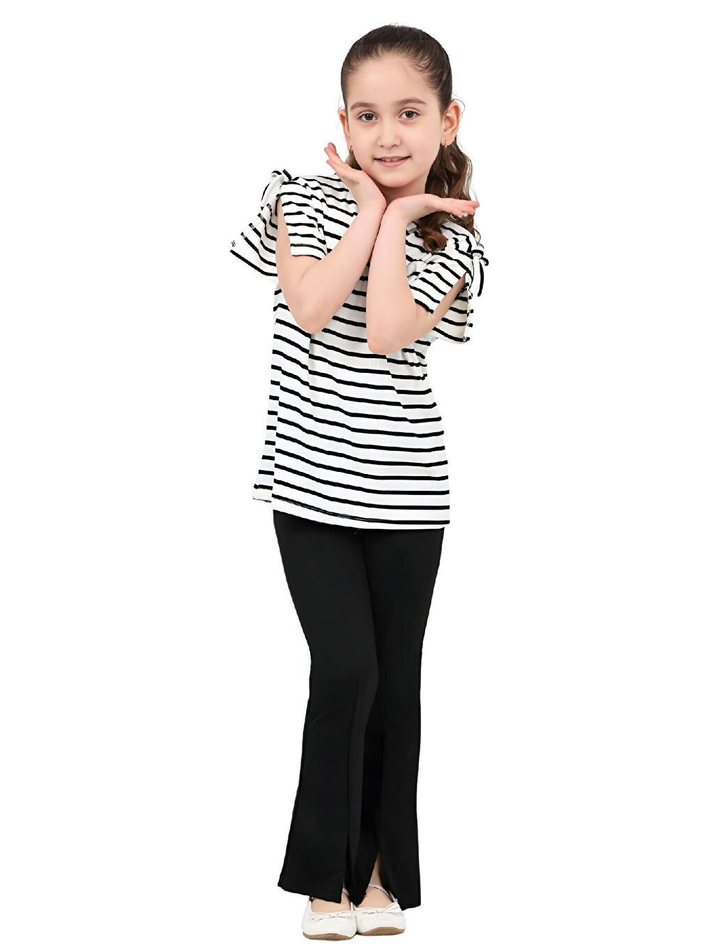 Beyaz Kız Çocuk Omuz Panel ve Bağlama Detaylı Alt-Üst Takım 4-8 Yaş 12575-1