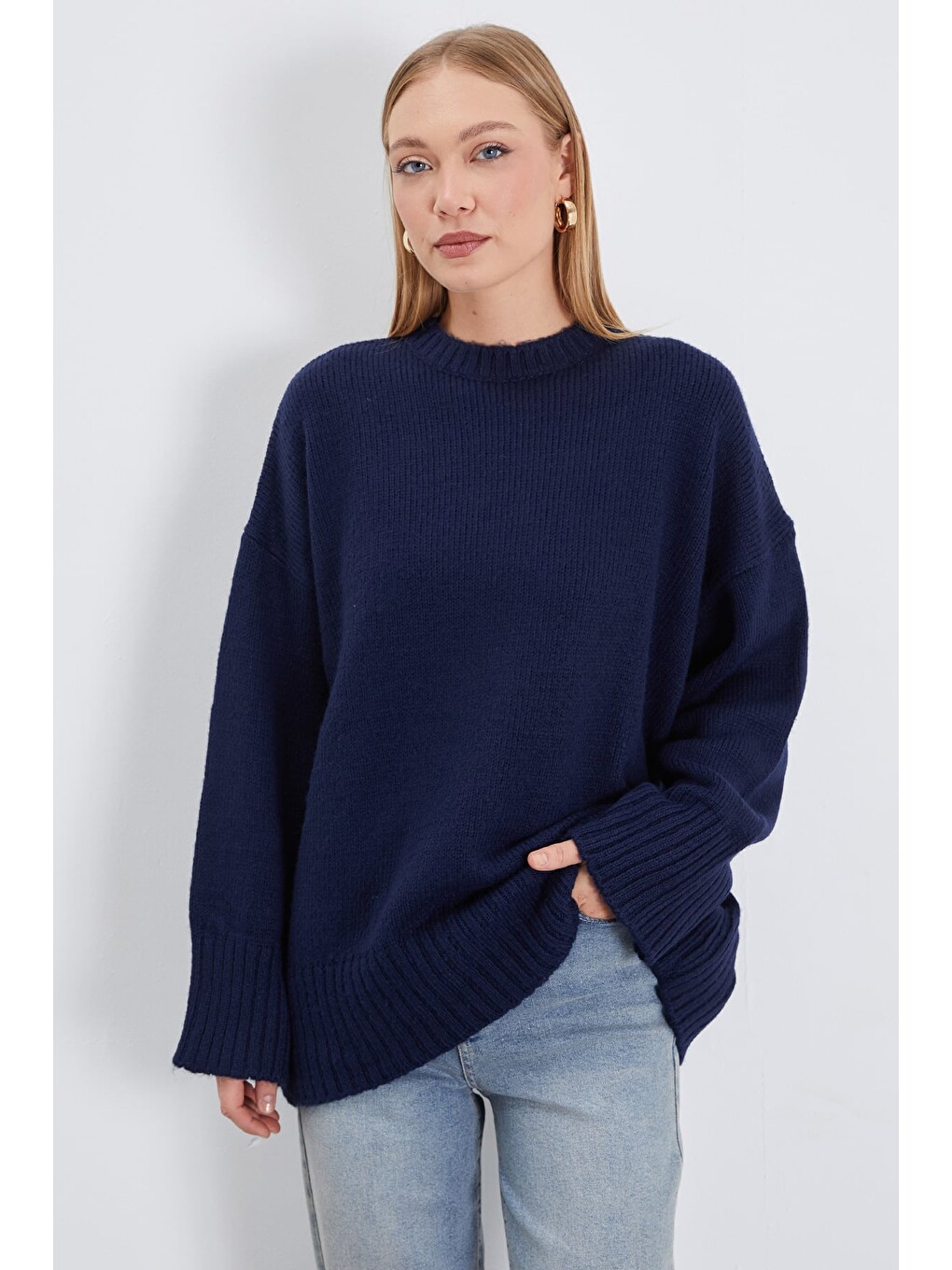 Lacivert Basic Bisiklet Yaka Oversize Triko Kazak-2