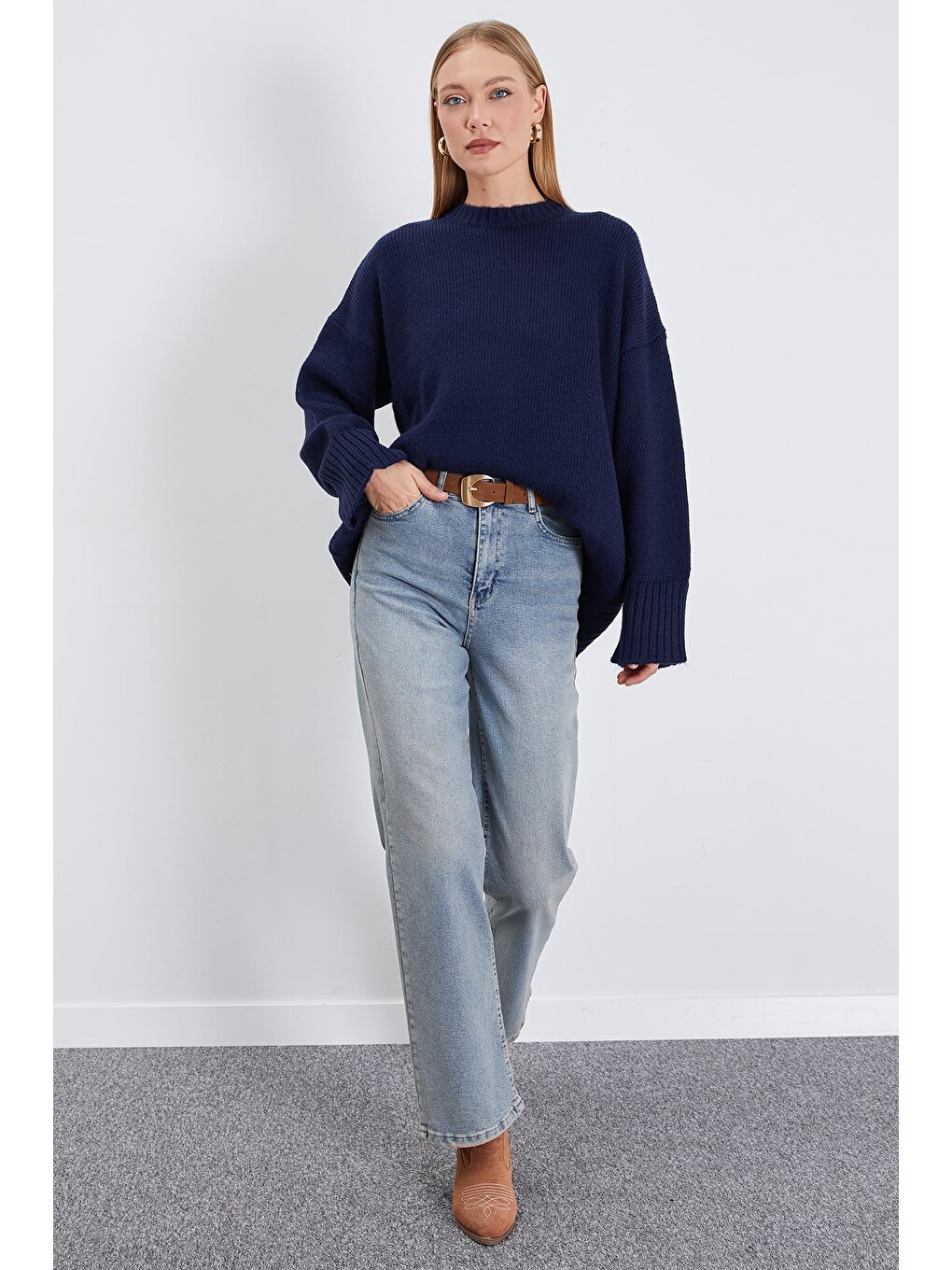 Lacivert Basic Bisiklet Yaka Oversize Triko Kazak-3