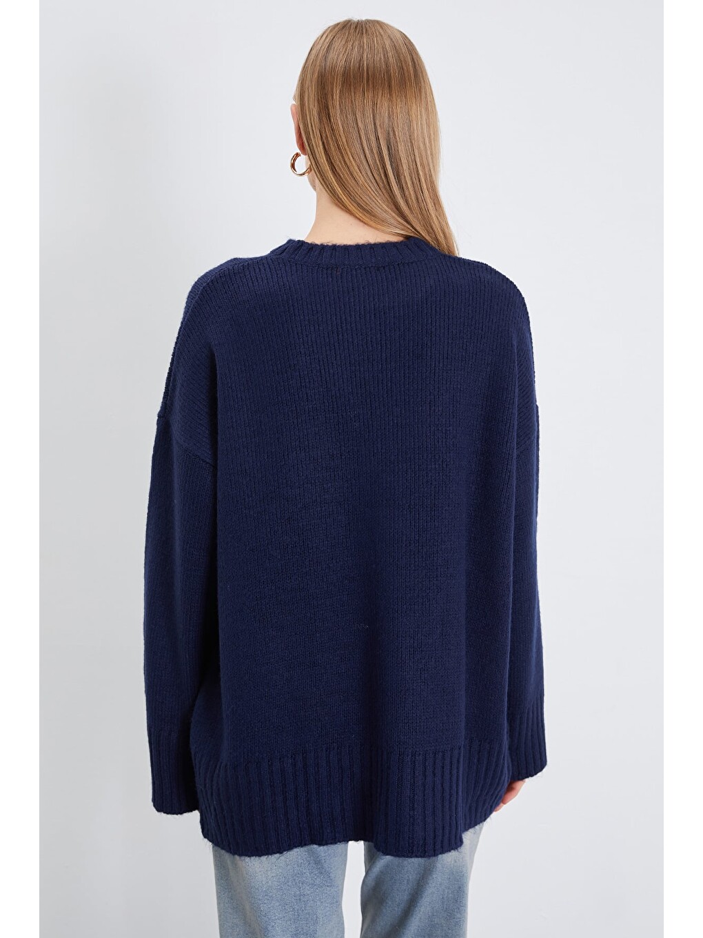 Lacivert Basic Bisiklet Yaka Oversize Triko Kazak-4