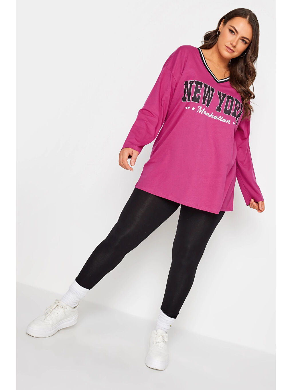 Stil Diva Pembe Büyük Beden V Yaka Uzun Kollu Baskılı Oversize T-shirt 321324 - 1