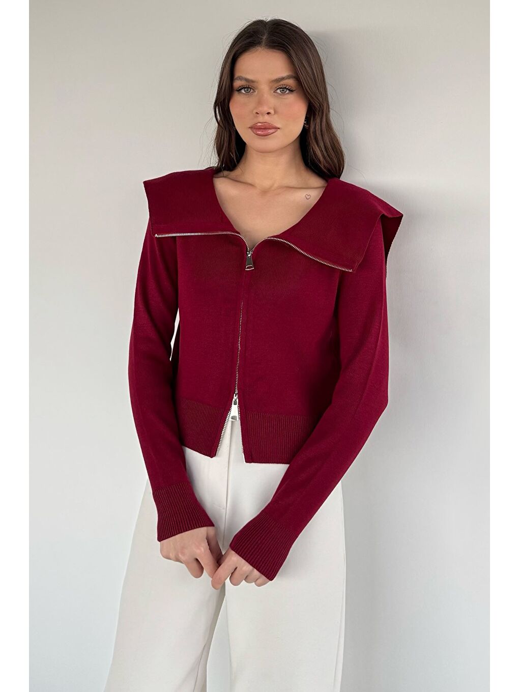 Bordo Kadın Bebe Yaka Fermuarlı Triko Bluz-1